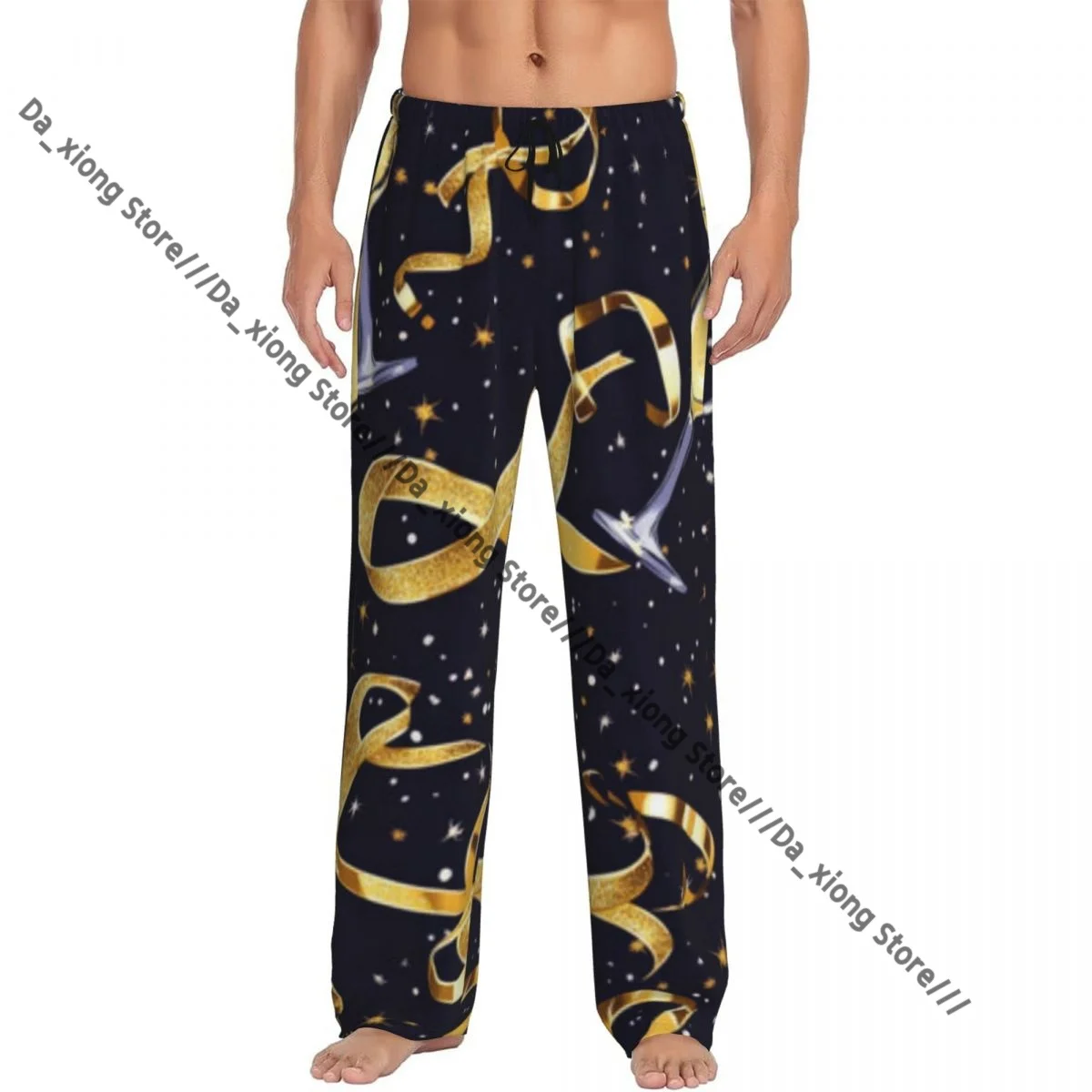 

Mens Casual Pajama Long Pant Loose Elastic Waistband Sparkling Champagne Glasses Cozy Sleepwear Home Lounge Pants