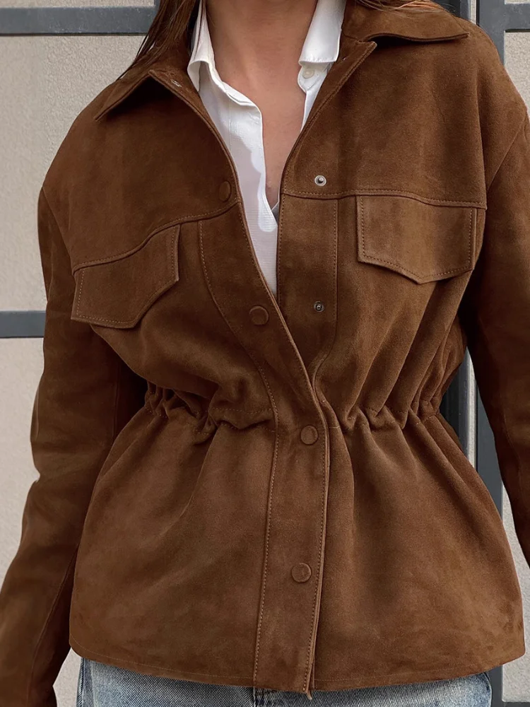 

Women Retro Brown Suede Short Jacket Lapel Single Breasted Waist Cinching Full Sleeve Jackets 2025 Lady Daily Commute Outwear