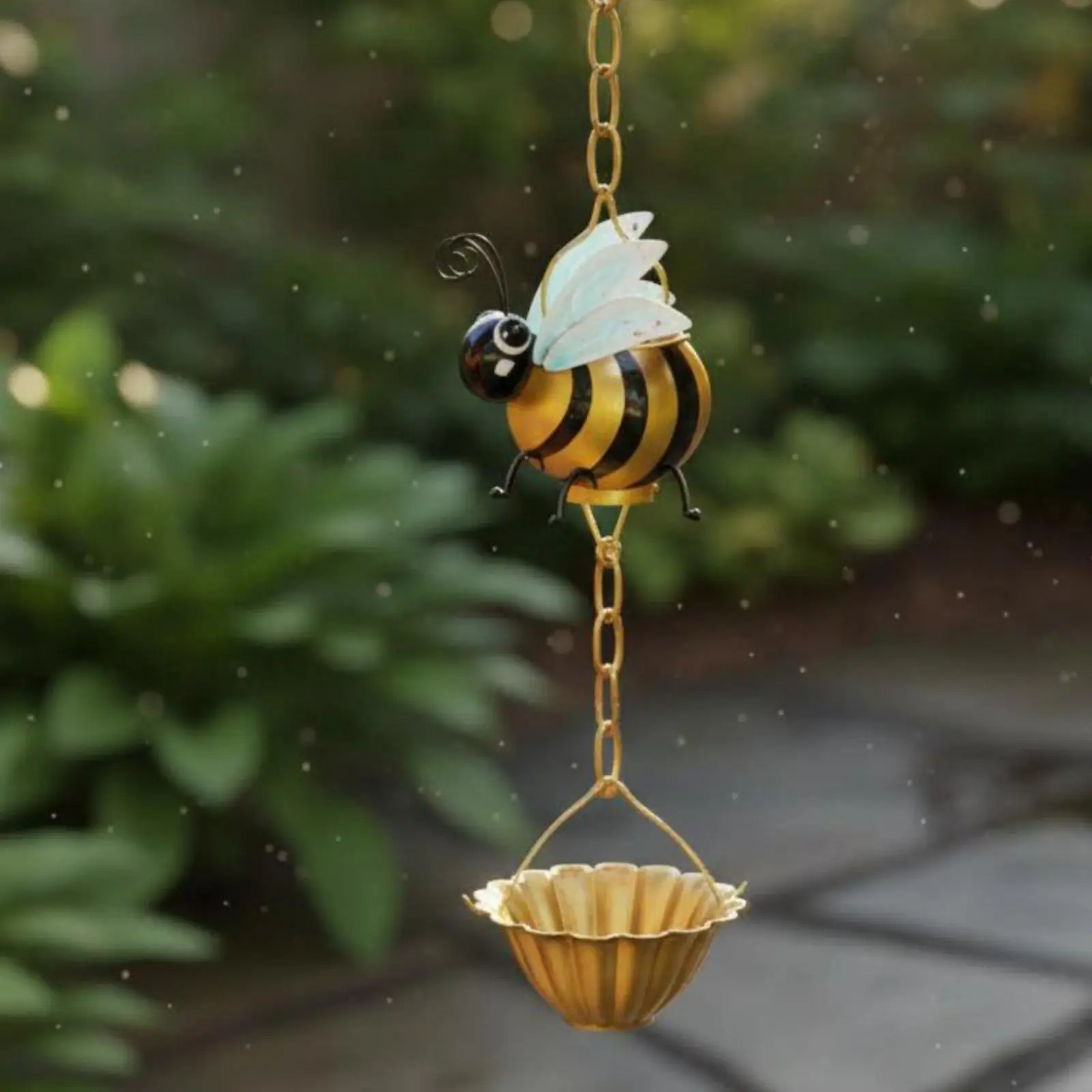 Bee Rain Chain Soothing Sound Rainwater Collector Rust-Proof for Homeowners