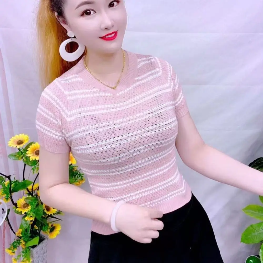 

All-match Ins Short Sleeve Crop Top Slim Fit Sweet Stripe Knitted T-shirt Bottoming Shirt Female Clothing Knitwear Women Summer
