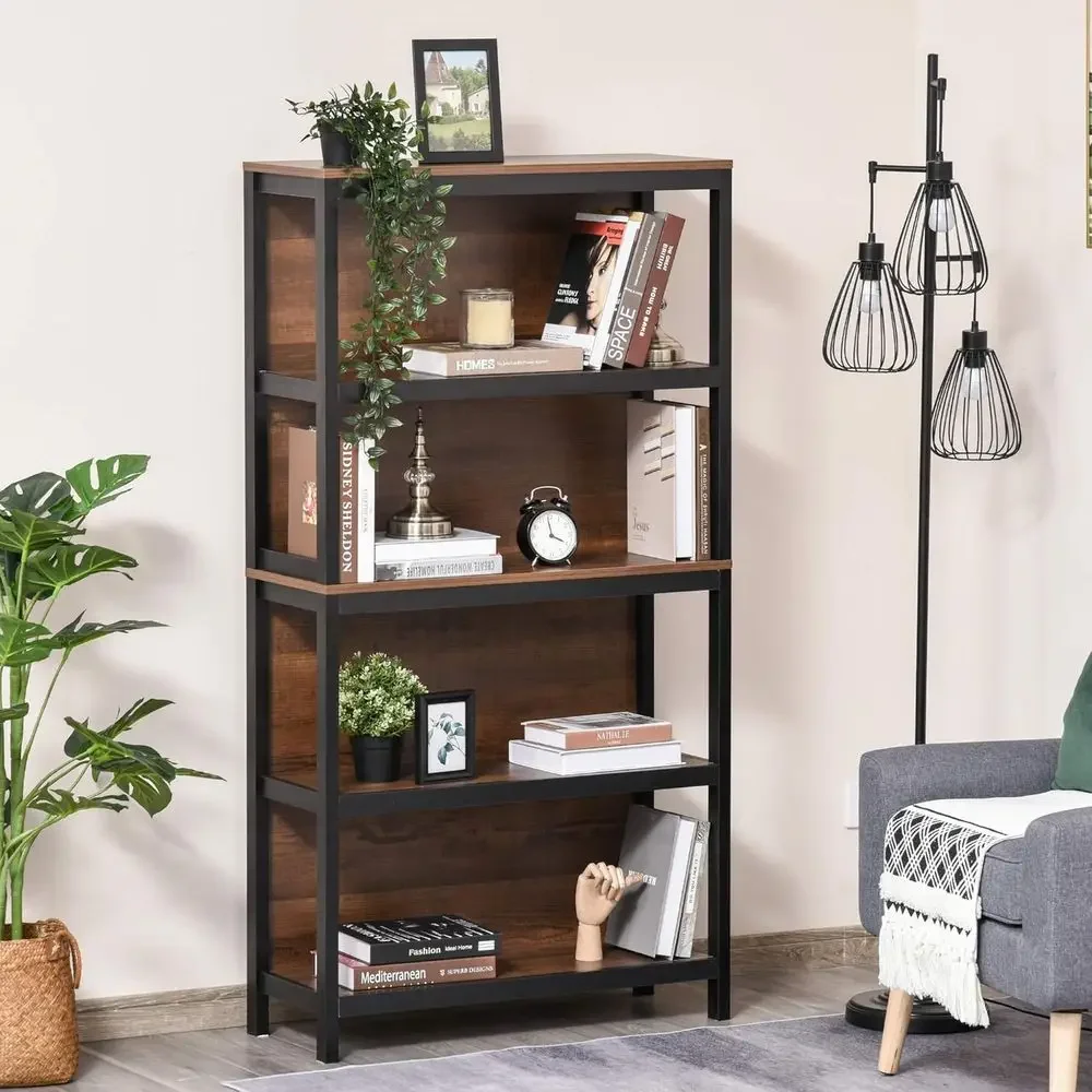 4-Tier Wooden Bookshelf Organizer with Back Support and Anti-Topple Feature, Walnut/Black