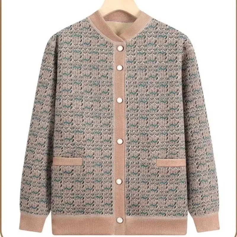 

Round Neck Contrast Button Long Sleeve Flocking Cardigan Women's Jacket Fashion Top