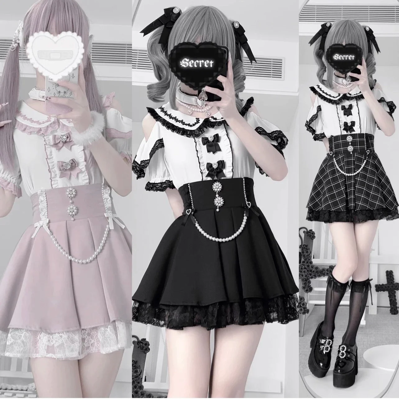 IMU Original Japanese Mine Mass-produced Love Choker Short-sleeved Shirt Summer Girl's Sweet Cute Lo Top Pink High-waisted Skirt