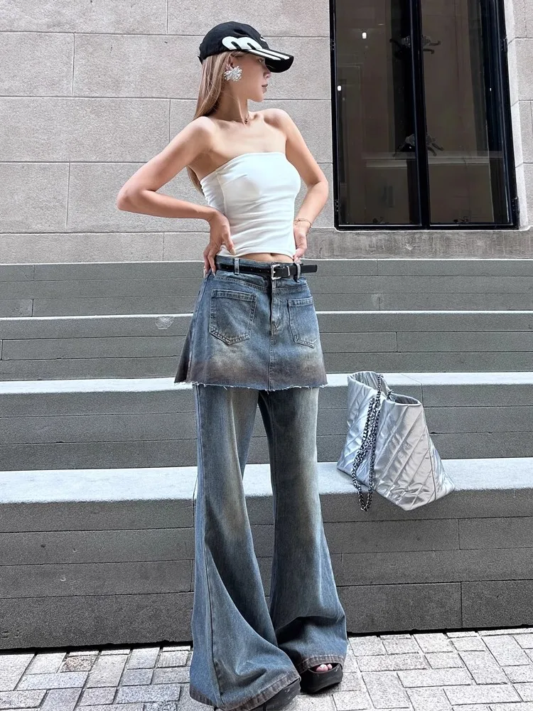 REDDACHiC Skirt Overlay Women Flare Jeans Do Old Fake 2-piece Bootcut Pants Raw Edge High Rise Bell Bottoms Casual Retro Clothes