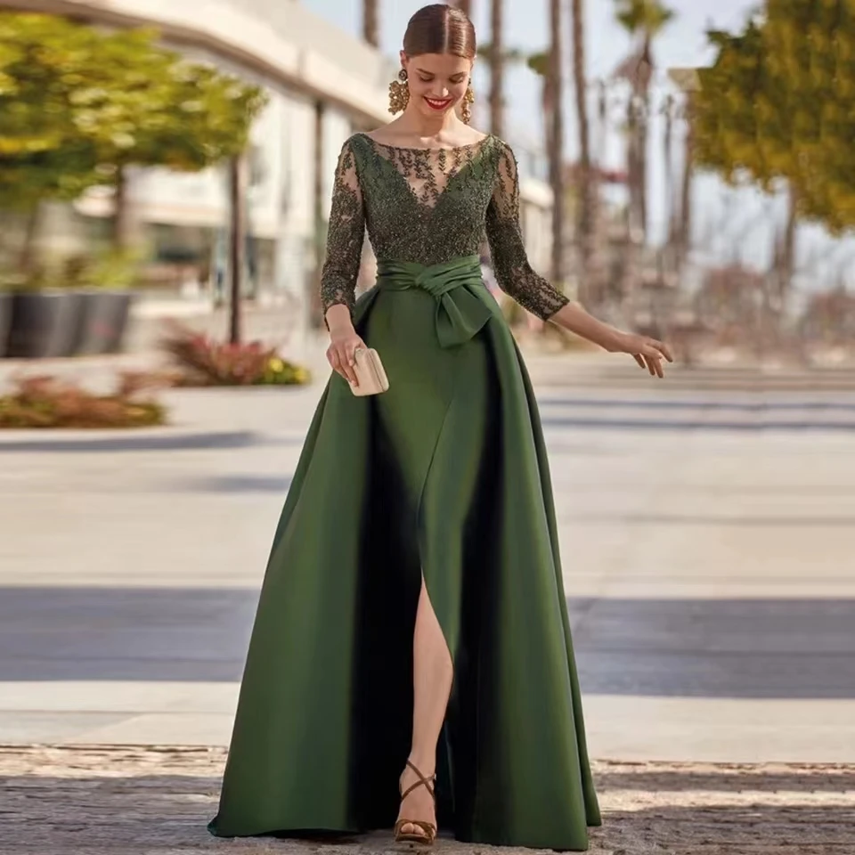 

Customized Vintage Olive Green Evening Dresses Long Sleeve Lace Beaded Mermaid For Women Front Slit Formal Prom Gown