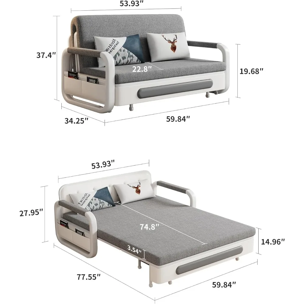 Full Size Pull-Out Sofa Daybed with Trundle, Versatile Futon Couch with Sleeping Function,Metal armrest and Storage Space
