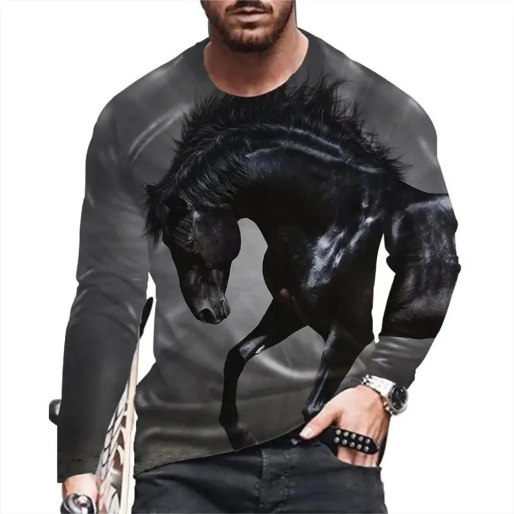 Animal Horse Pattern Printed Men's Long Sleeved T-Shirt Creative Personality Street Fashion Casual Quality Comfortable Clothing