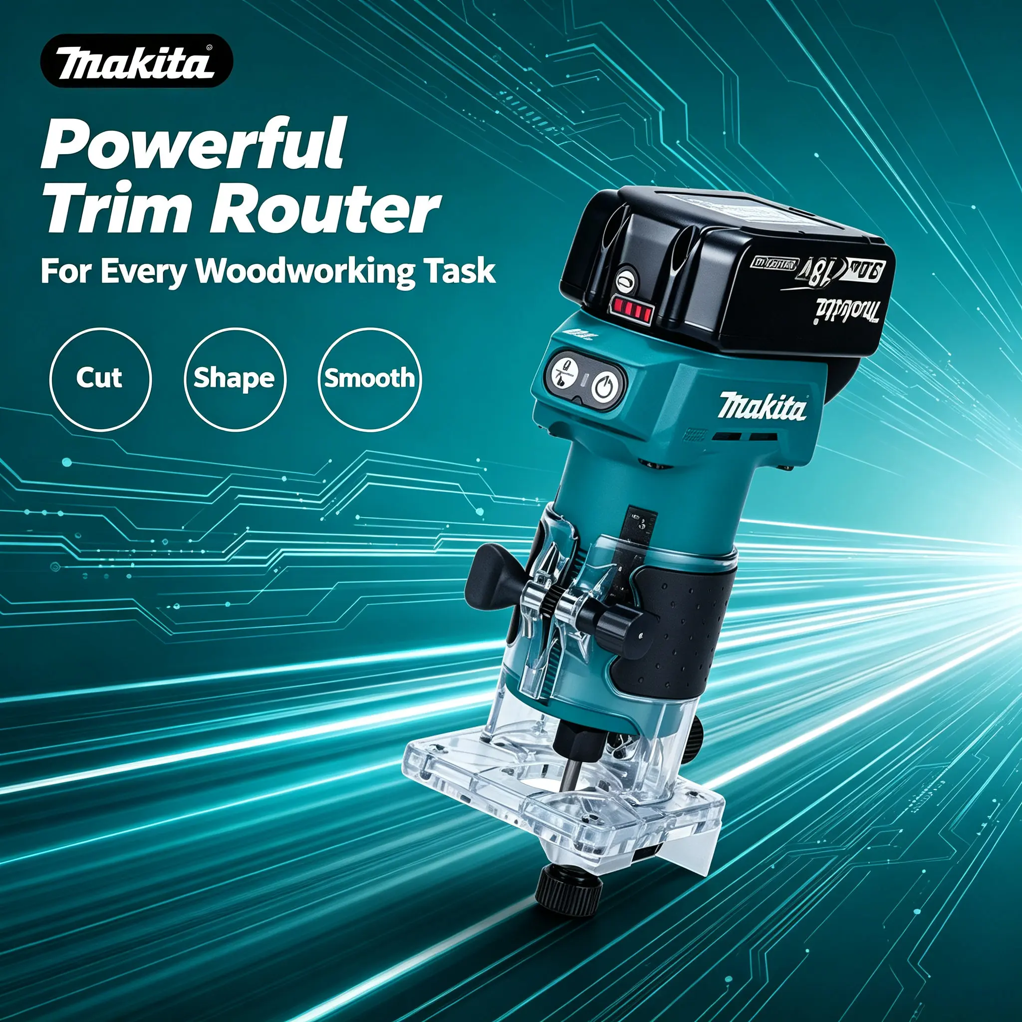 Routeur compact sans fil Makita DRT52 18V LXT avec contrôle de vitesse stable, idéal pour les tâches de menuiserie polyvalentes, notamment le façonnage des bords, la découpe de rainures, le usinage de fentes et les projets de menuiserie manuelle.
