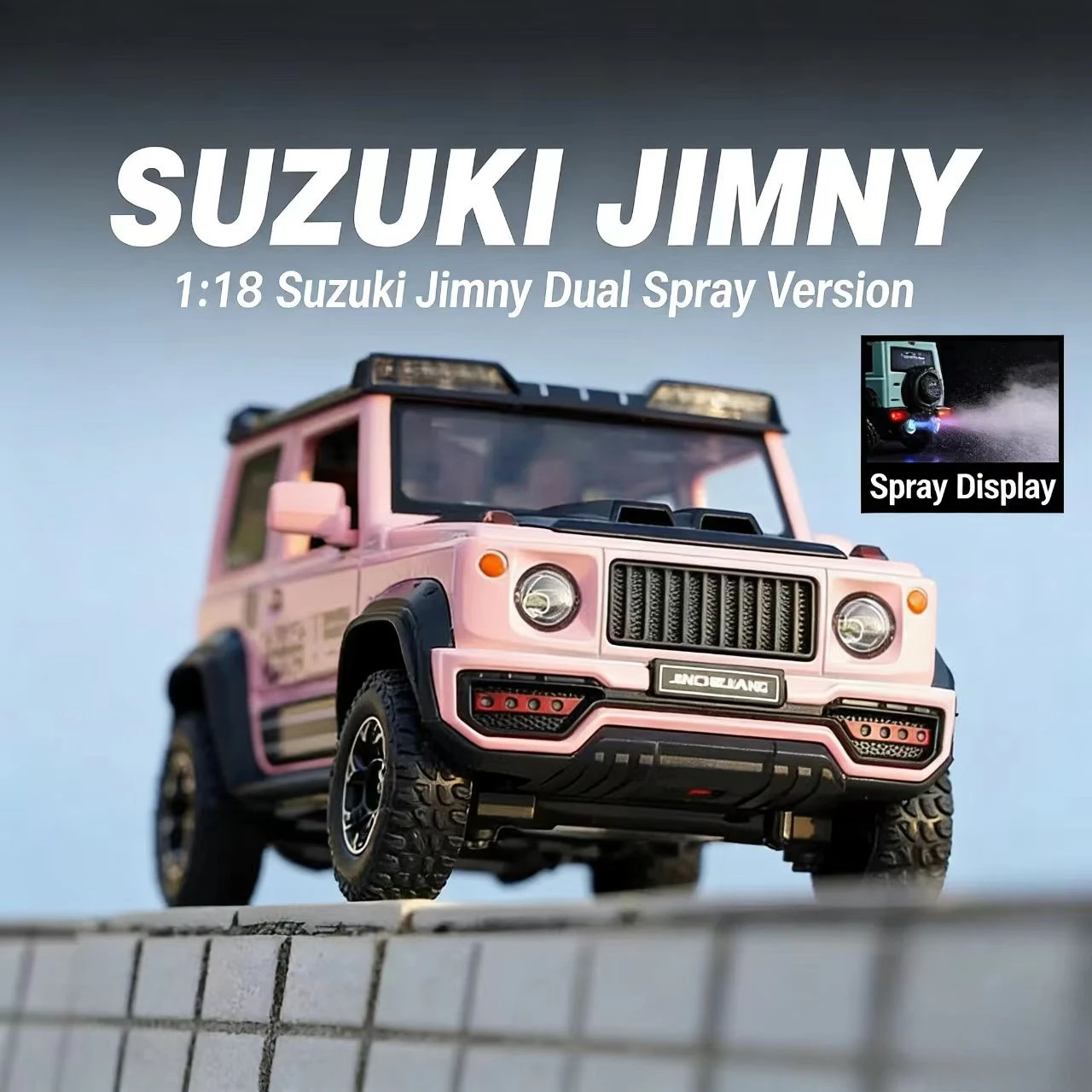 Modelo de carro em liga Suzuki Jimny 1:18 |   Ornamento grande com spray duplo, portas que podem ser abertas, função pull-back, efeitos sonoros e luminosos