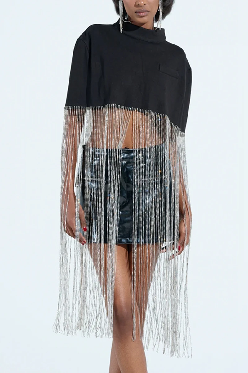 

СТИЛЬНЫЕ женские блестящие топы с кисточками 2025 года, женское свободное пальто на молнии, осень-зима INS, модные повседневные вечерние футболки, верхняя одежда, уличная одежда