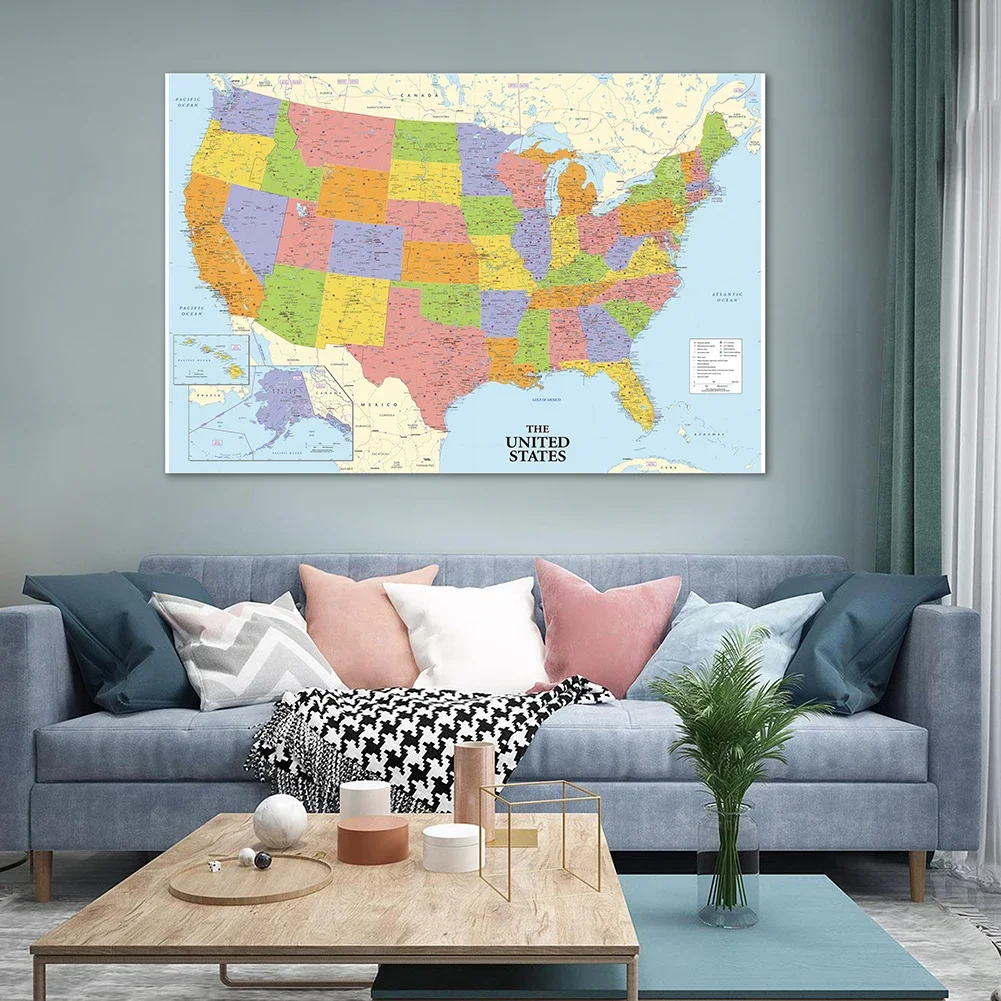 The United State Map Decorative Hanging Picture Print Non-woven Canvas Painting Home Decoration School Teaching Supplies100*70cm