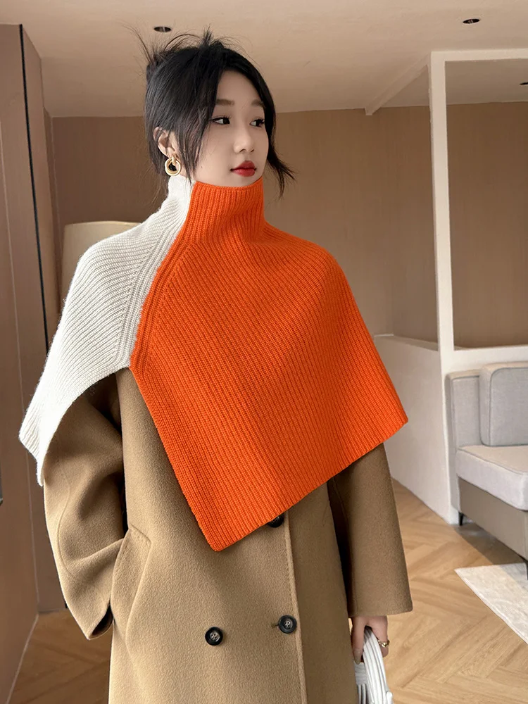 

High Collar Woolen Knitted Sweater Women's Cashmere Overcoat Shawl Winter Warm Long Rectangle Color Korean Style
