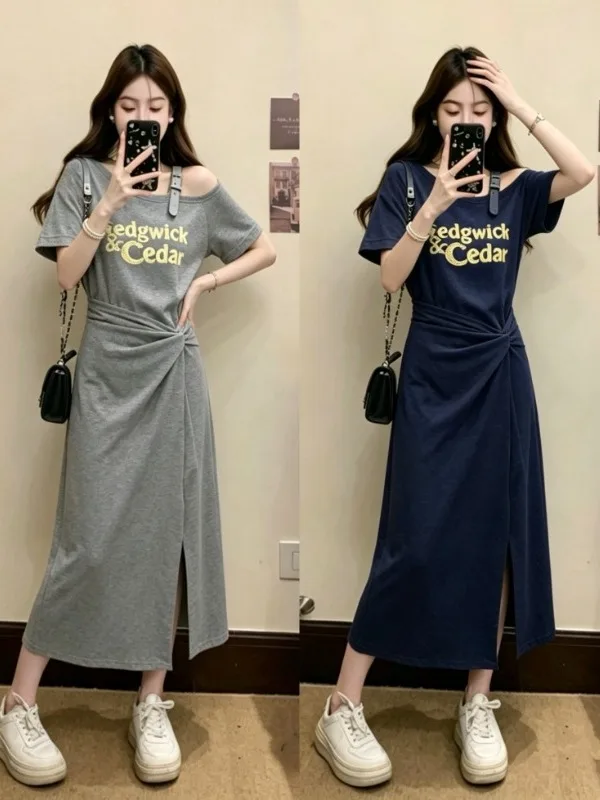 

Casual Summer Korean Style plus Size Dress with Pleats Short Sleeve Women's Fashionable Casual Dress Shoulder Print Knot
