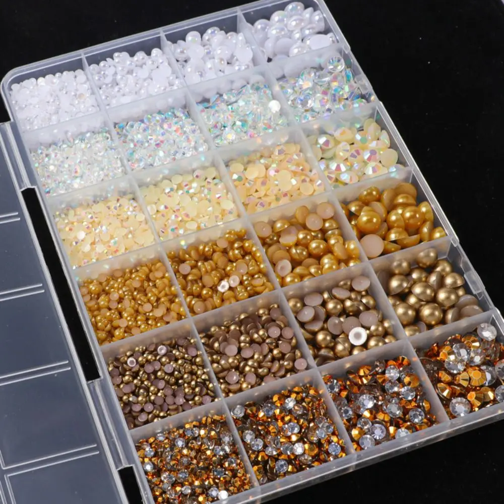 for Bedazzling Flatback Pearls and Gold Rhinestones Mixed Size 3-8mm White Brown Gems and Half Pearls 24 Grids Resin Rhinestones
