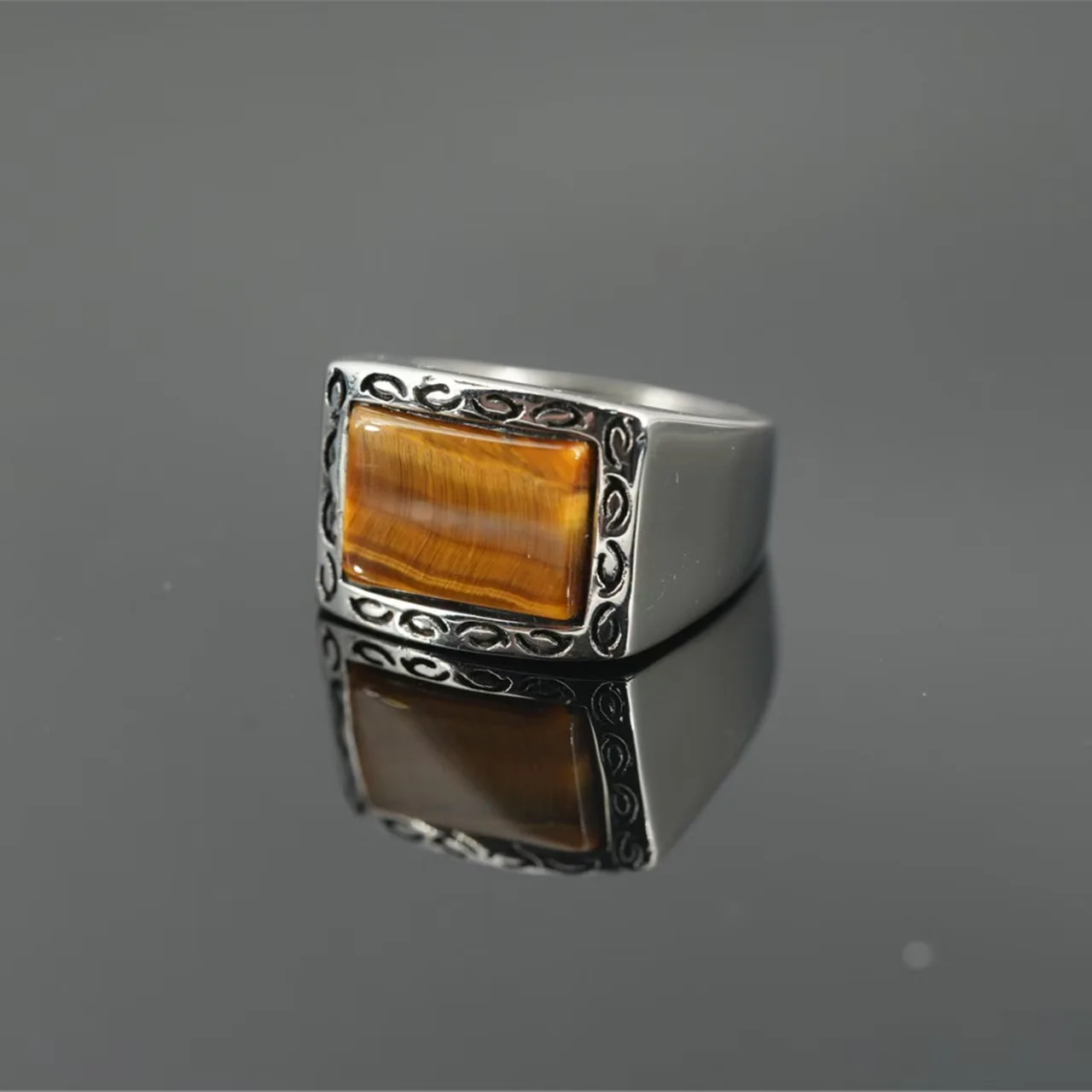 Light Luxury Natural Square Black Onyx Tiger Eye Stone Signet Ring For Men Thick Titanium Steel Vintage Male Jewelry Gift