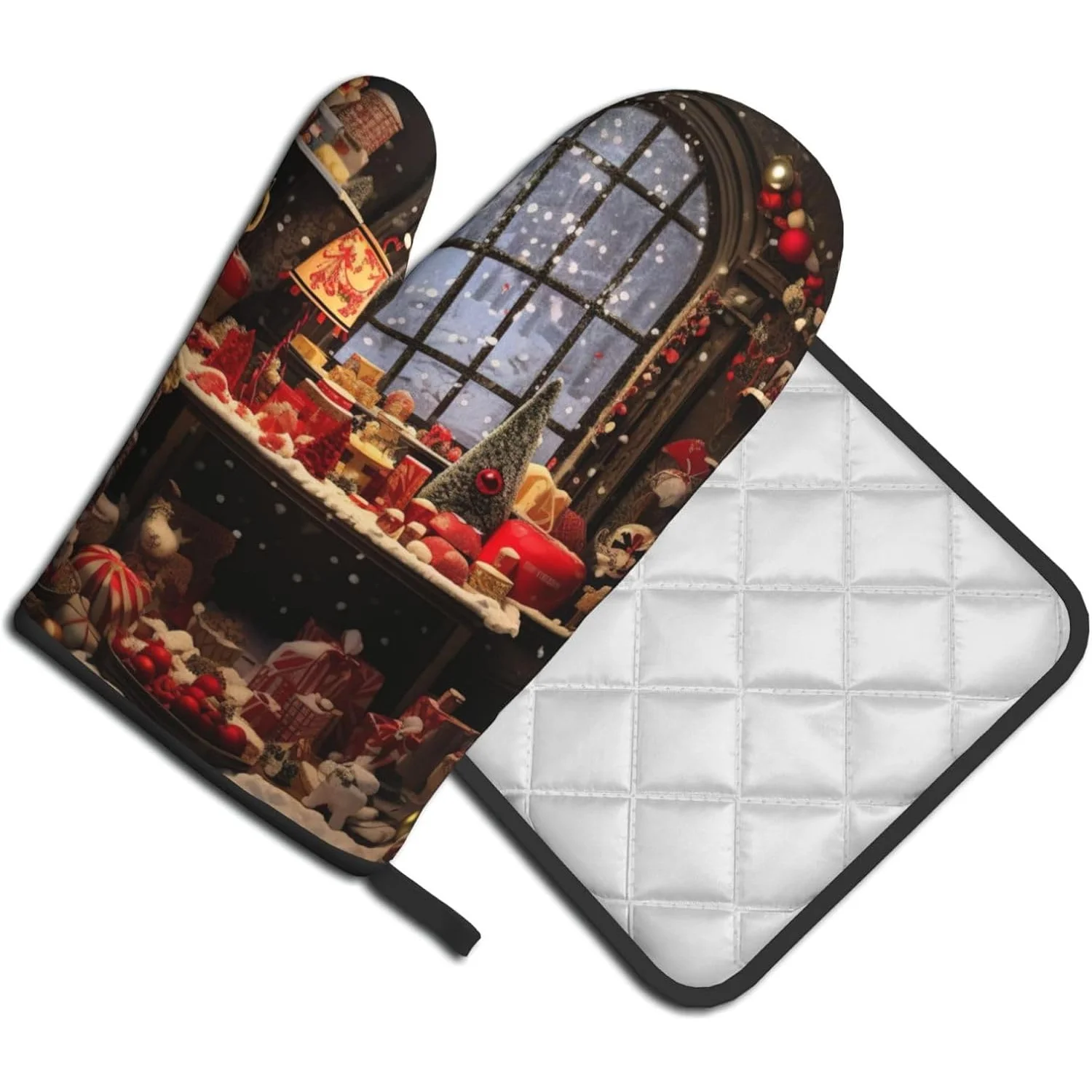 Merry Christmas Oven Gloves Holiday Kitchen Decor with Snowy Window Scene Wash Only, Perfect for Baking, Grilling Cooking