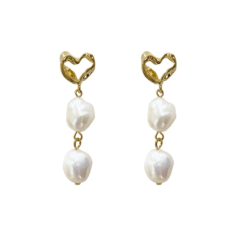 Best Sell Baroque Natural Freshwater Pearl Heart Design 14k Gold Filled Female Tassels Stud Earrings Jewelry For Women Cheap