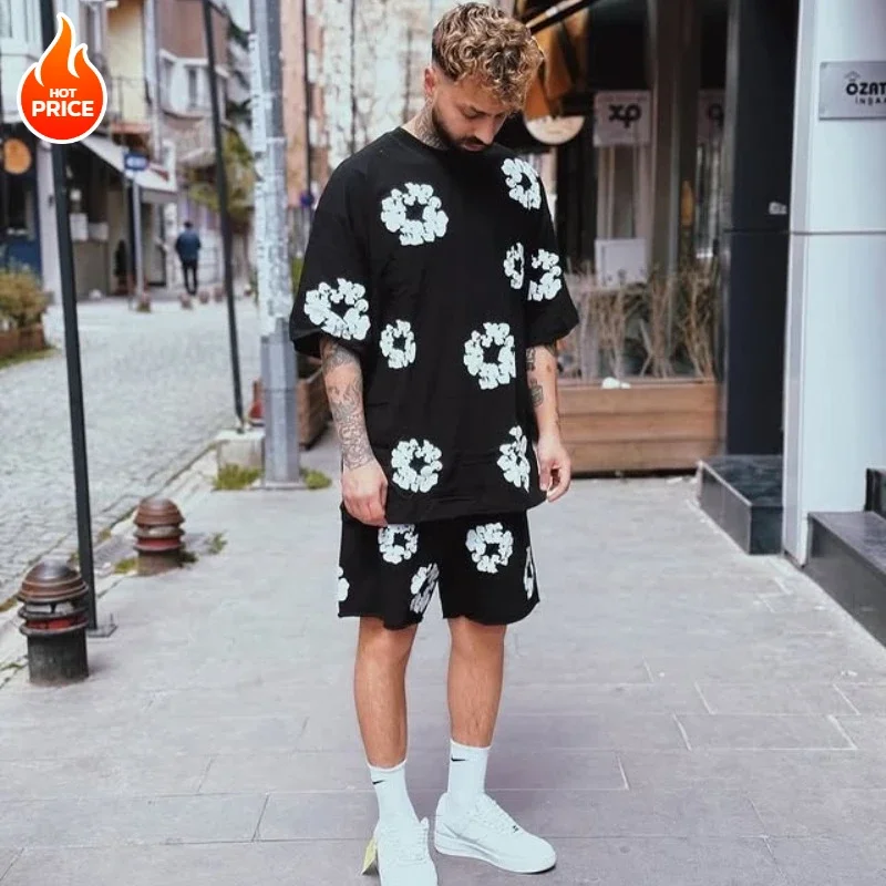 

2025 Summer New Men's Quick-drying T-shirt Set Casual Harajuku Y2 American Kapok Set Outdoor Vacation Trendy T-shirt Shorts Moto