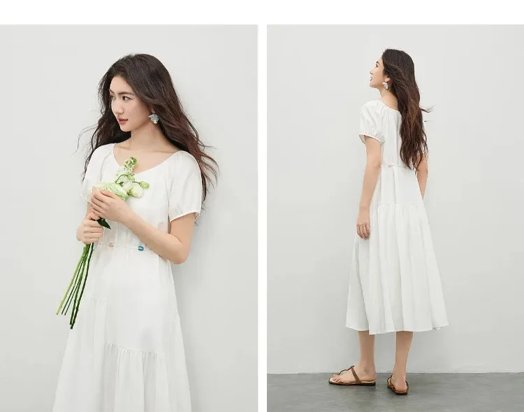 SENTUBILA Damen A-Linien-Kleid, weiß, V-Ausschnitt, asymmetrischer Schnitt, farblich abgesetzte Details, mit Perlen verziert, mit Bändern, kurze Puffärmel, Kleid 162LO5948 – Detail 24
