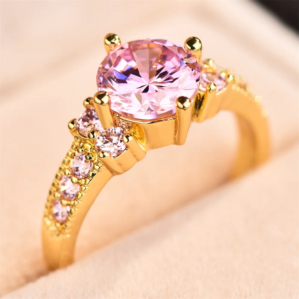 Elegant Pink Crystal Round Stone Engagement Rings For Women Vintage Gold Color Wedding Band Birthstone Jewelry Mother\'s Day Gift