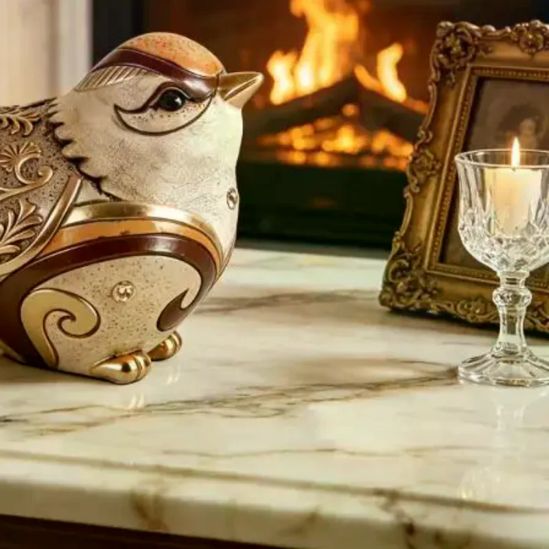 Golden Sparrow Carving Sculpture Retro Resin Bird Figurine Vintage Floral Pattern for Office Reception Desk Decor