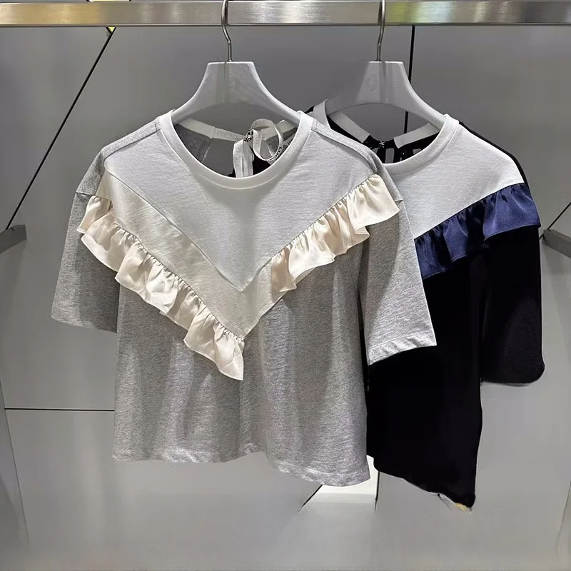 Pure Cotton ort Sve V-Ne Blouse Versatile Patchwork Hem Commute Sle Korean Faion Gored Skirt Button Detail