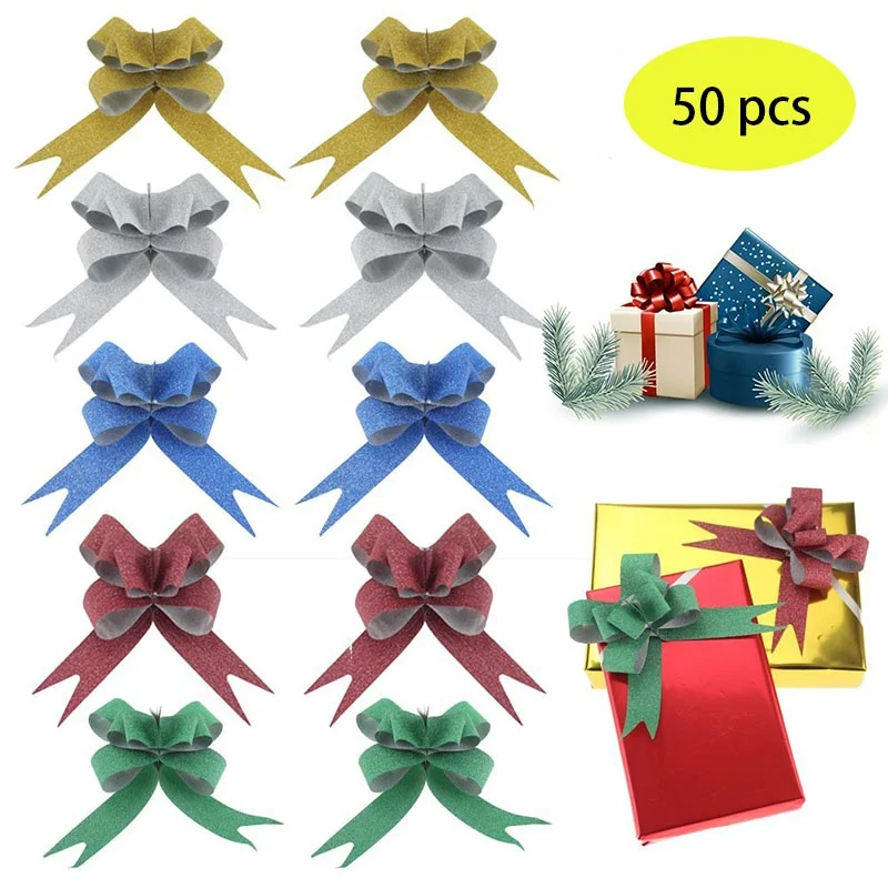 50 Pcs Gift Ribbons Flower Wrappers For Wedding Birthday Party Favor Glittering Pull Bows Knot Ribbon Strings for Gift Wrapping