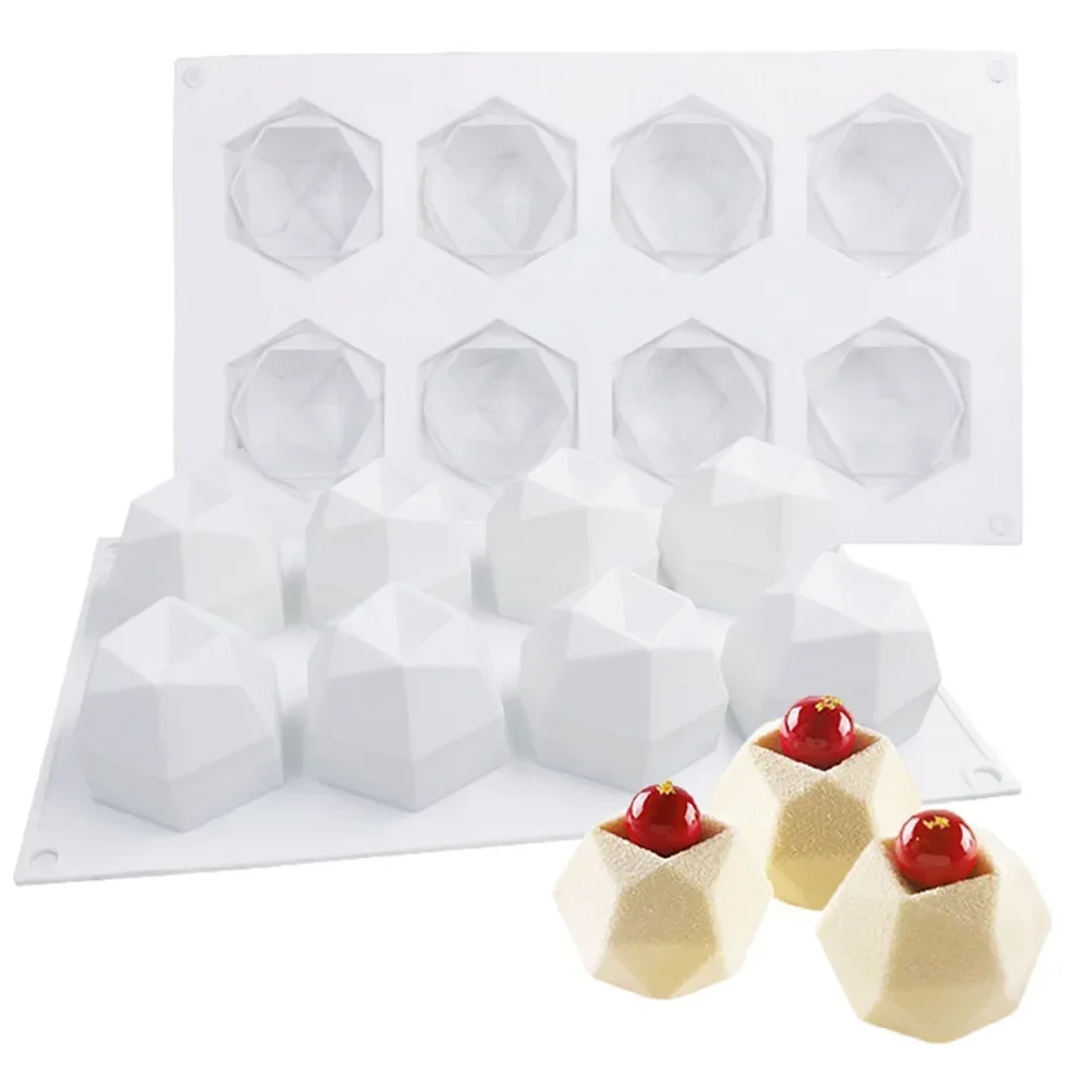 Molde de bolo de silicone poligonal com 8 cavidades, diamante, sobremesa francesa, mousse, bandeja de pastelaria, molde de vela, muffin, ferramentas de cozimento