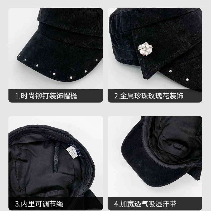 Koreanische schwarze Wildleder-Mütze mit Nieten-Design, Reitermütze für Frühling und Herbst, Retro-Flachkappe, warm und vielseitig, Newsboy-Mütze für Damen – Detail 6