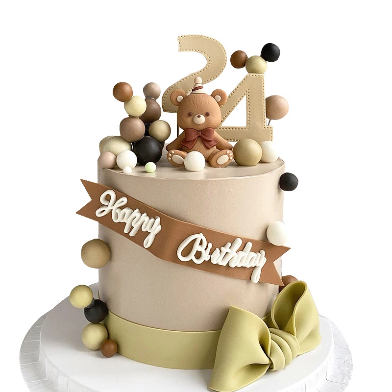 Brown Bow Bear Doll Cake Topper Earth Color Foam Ball Happy Birthday Cake Decorations Baby Shower Lovers Wedding Party Supplies