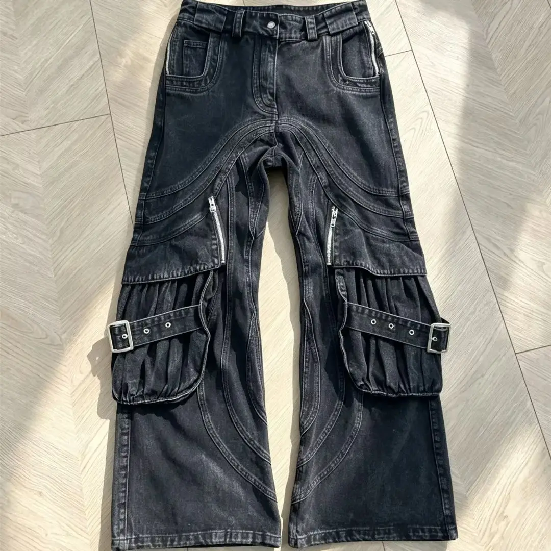 Multi‑Pocket Washed Cargo Jeans Wavy Texture Long Trousers 3D Cutting Loose Straight Denim Pants Unisex Streetwear Casual Jeans