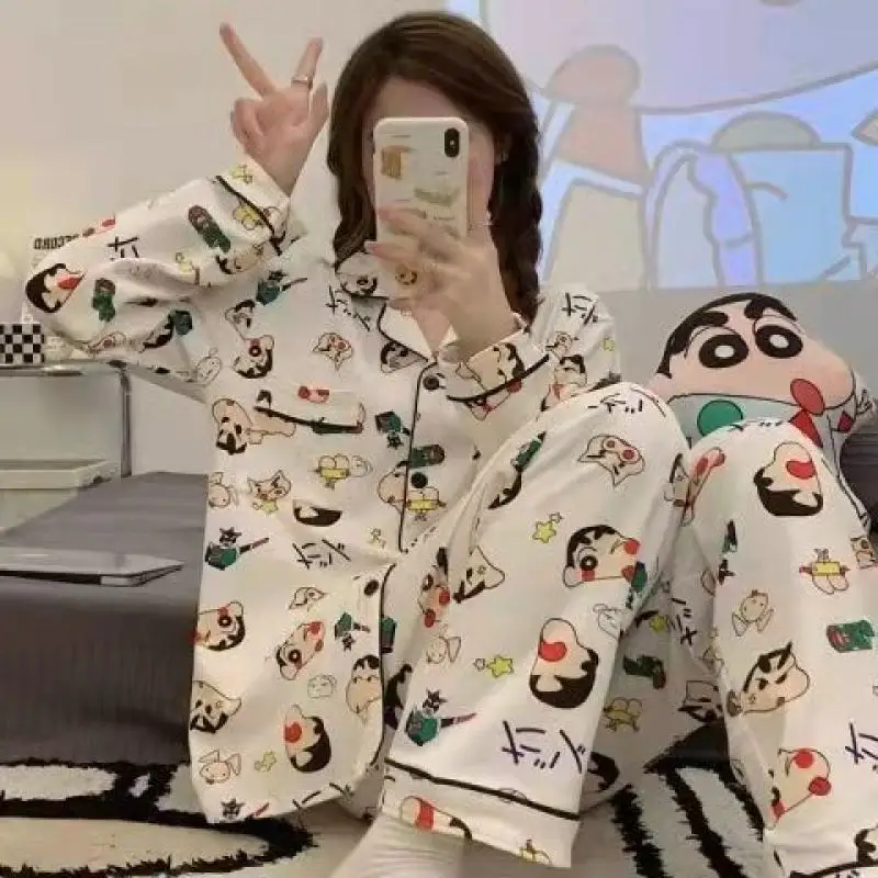 New Cute Anime Crayon Shin Chans Loose Sleepwear Women's Spring and Autumn New Style Long Sleeved Pants Bandai Cartoon Pajamas