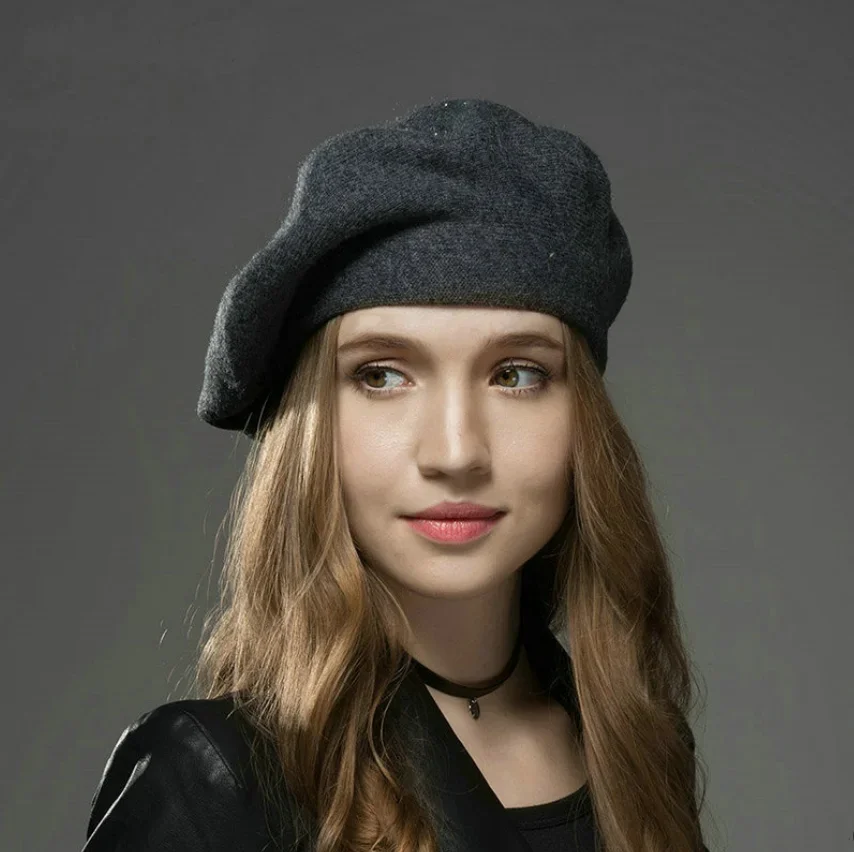 new Women's Berets Hat Fashion Solid Color Wool Knitted Berets With Rhinestones Ladies Beanie Beret Black wine red cap  female