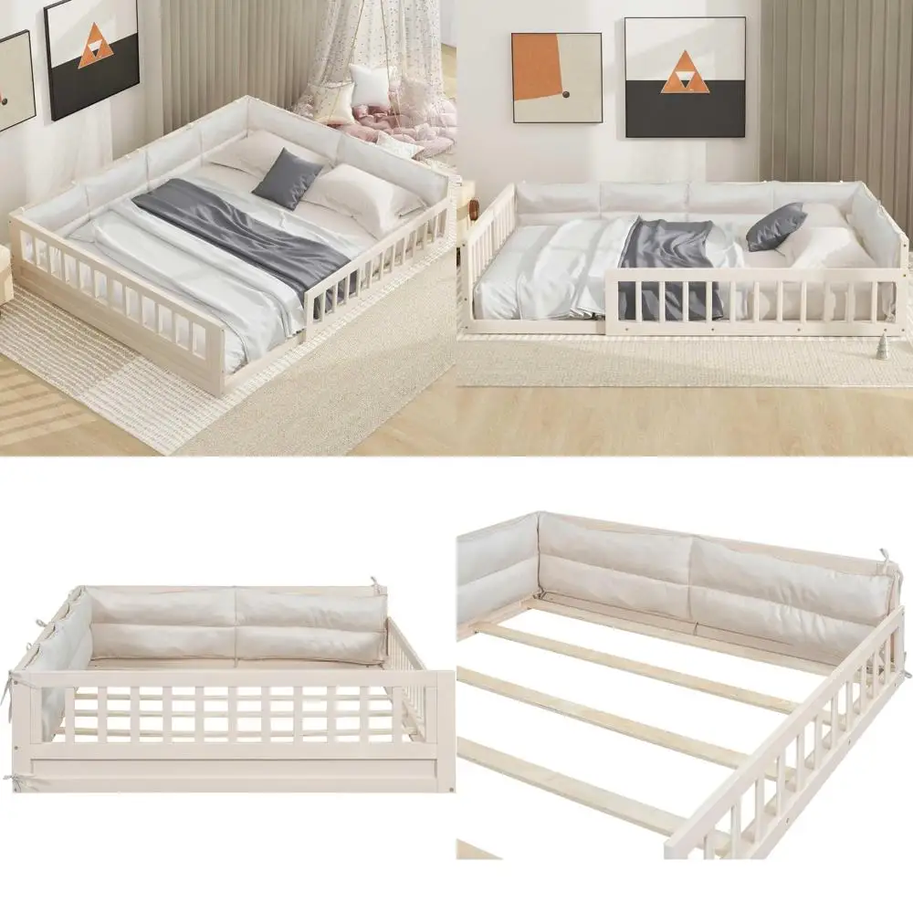 Детская напольная кровать из массива дерева в стиле Монтессори с защитными поручнями и подушкой"