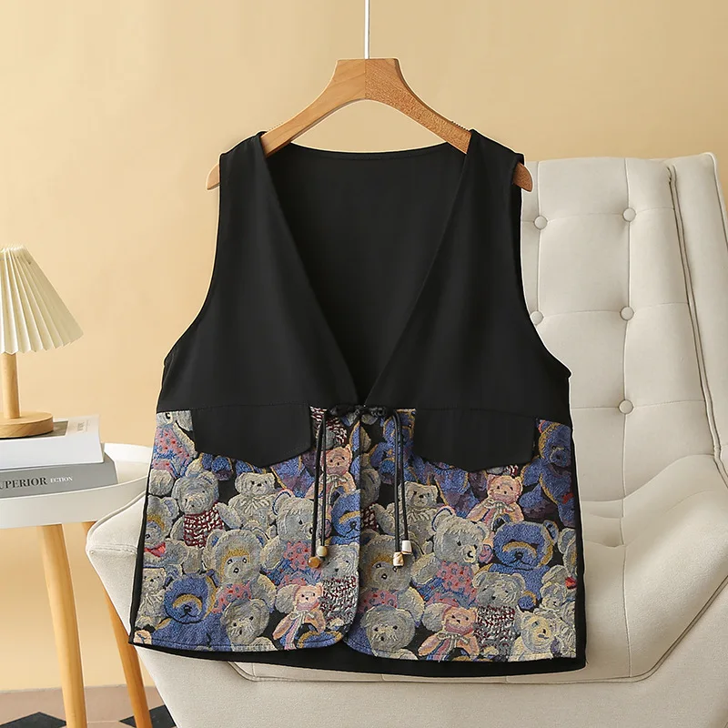 

Sleeveless Vest for Women, Chinese Style, Jacquard Buckle Pendant, Retro Coat, Plus Size, Autumn, 8268