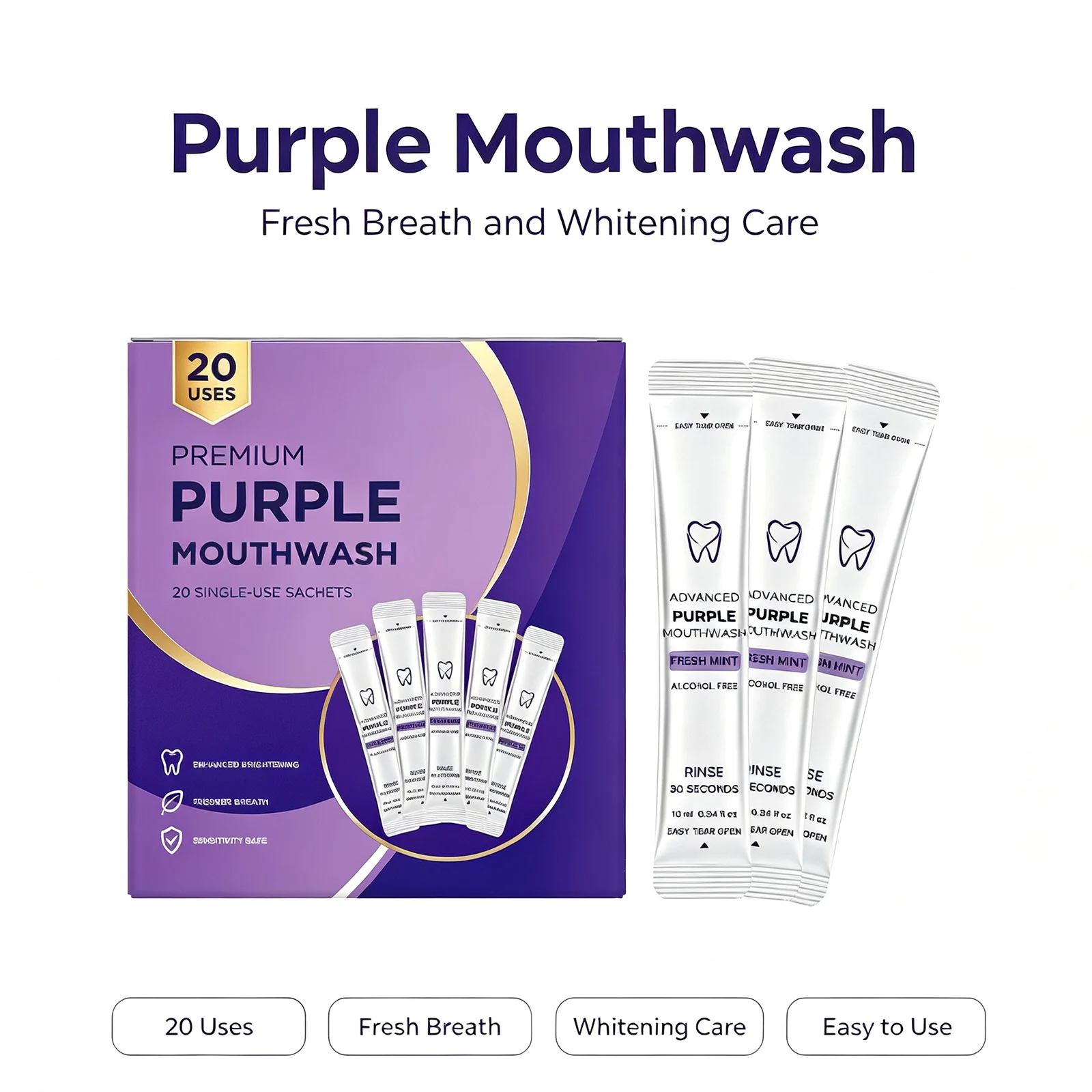 Portable Purple Mouthwash Sachets Fresh Mint Oral Rinse Single Use Long Lasting Breath Freshener Gentle Teeth Brightening