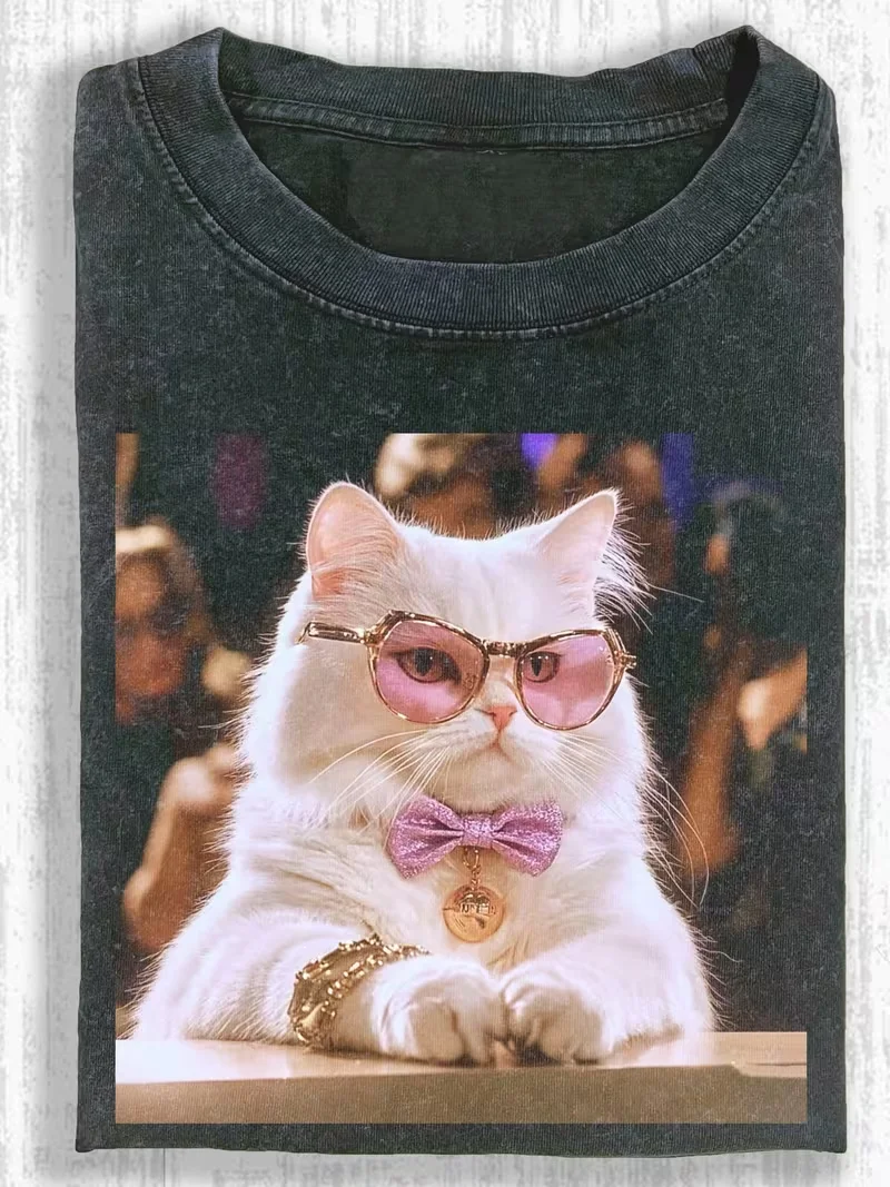 Cooles, lustiges, stilvolles Katzen-Grafik-T-Shirt für den Alltag, Unisex Retro-Washed Rundhals-Freizeit-Kurzarm-Streetwear-Oberteil – Detail 4