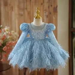 High-End Children's Princess Evening Gown Pearls Sequins Design Wedding Birthday Catwalk Party Eid Girls Perform Dress A3552