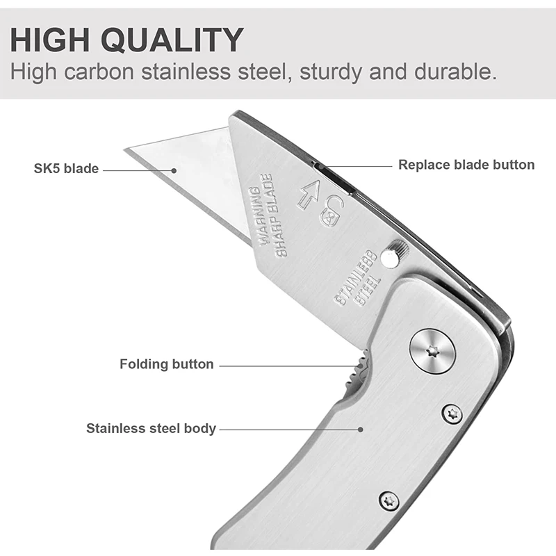 Metal Folding Utility Knife Portable Pocket Knife Stainless Steel Box Cutter with Belt Clip Sharp Blade for Home Office Supplier