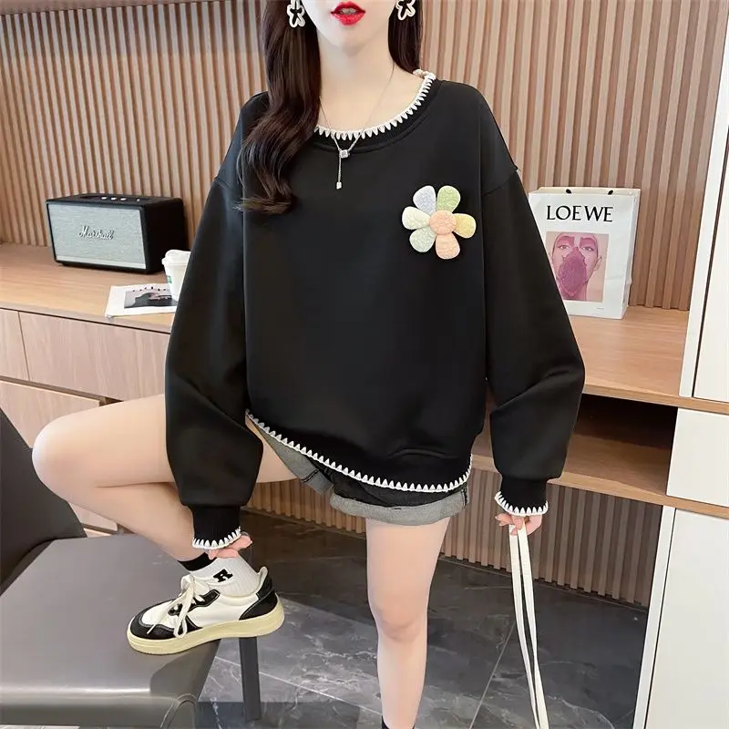 Women\'s 2024 Spring Autumn New Splicing Pullovers O-Neck Flower Lace Fashion Solid Color Loose Casual Long Sleeve Sweatshirts