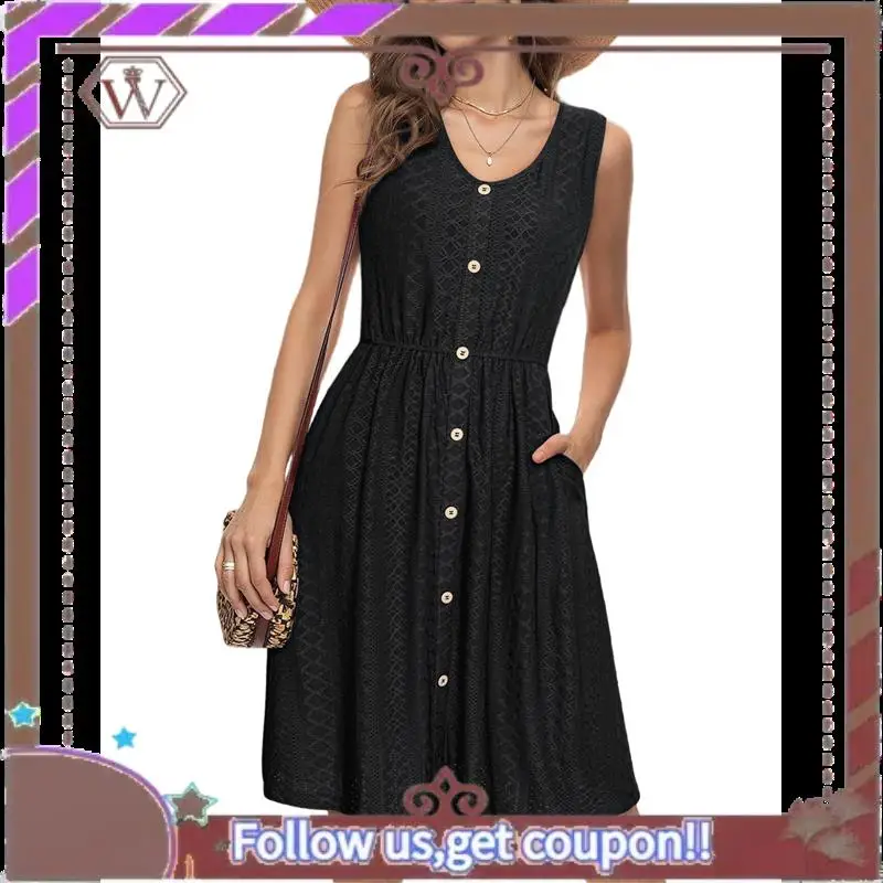 A95D-Womens Sleeveless Sundress Summer Casual Eyelet Button Down Short Dress Flowy Beach Tank Mini Dress With Pocket