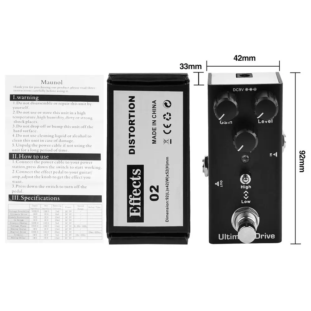 Pedal profissional de distorção overdrive - circuito True Bypass, chassi de alumínio robusto, 9V DC, LED, entrada/saída de 1/4"