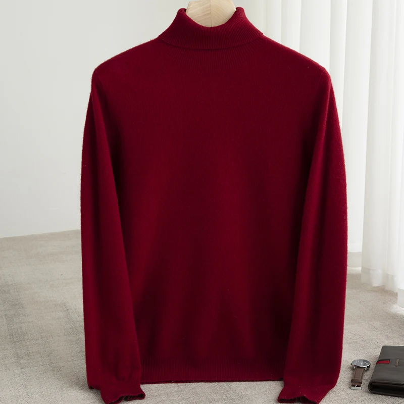

Men 100% Merino Wool Sweater Turtleneck Knitted Pullover Cashmere Warm Solid Color Clothes Business Bottoming Tops Autumn Winter