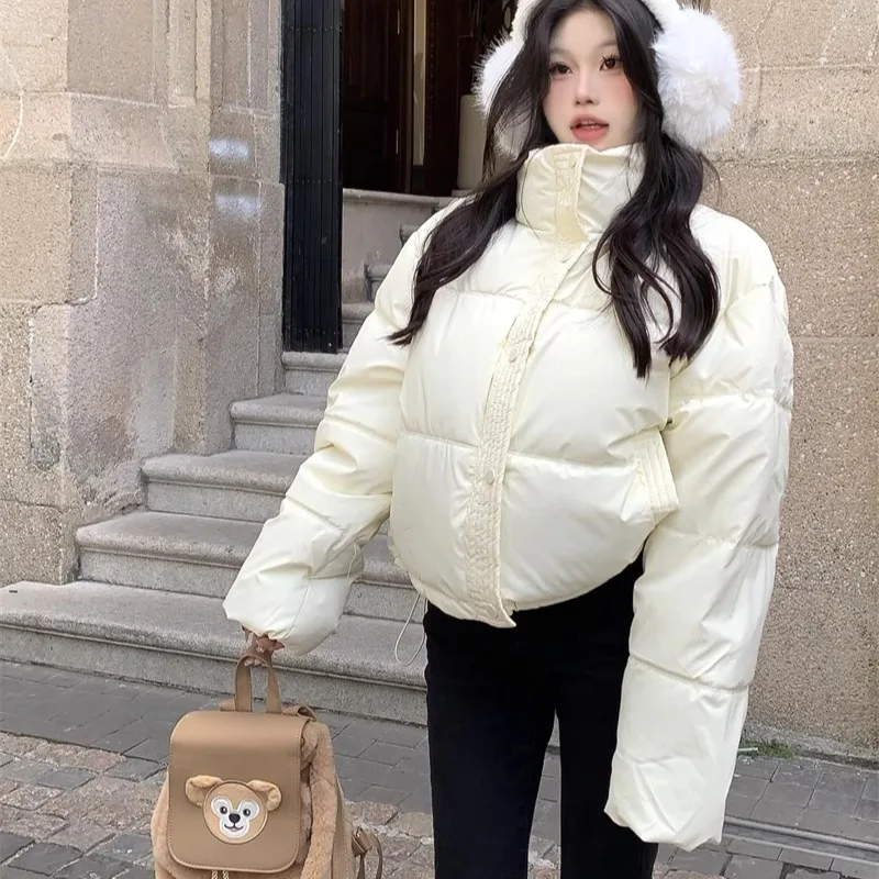 

Женские парки с длинным рукавом, универсальные, однотонные, теплые, короткие, из искусственной кожи, осень-зима, крутые, в корейском стиле, для молодых колледжей, с воротником-стойкой, повседневные