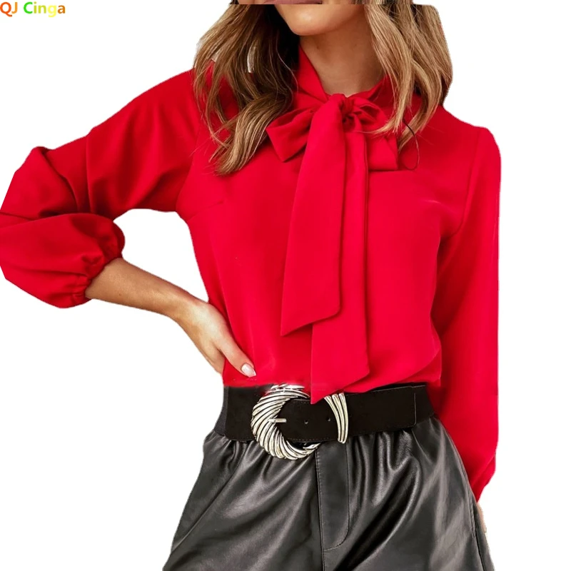 2024 Spring New Women\'s Stand-up Collar Long-sleeved Shirts, Fashion Office Casual Shirt, White Red Black Camisa Female Chemise