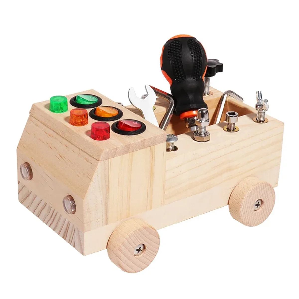 Wooden LED Switch Busy Board Disassembly and Assembly Screws and Nuts Tool Car Montessori Early Education Puzzle Toy