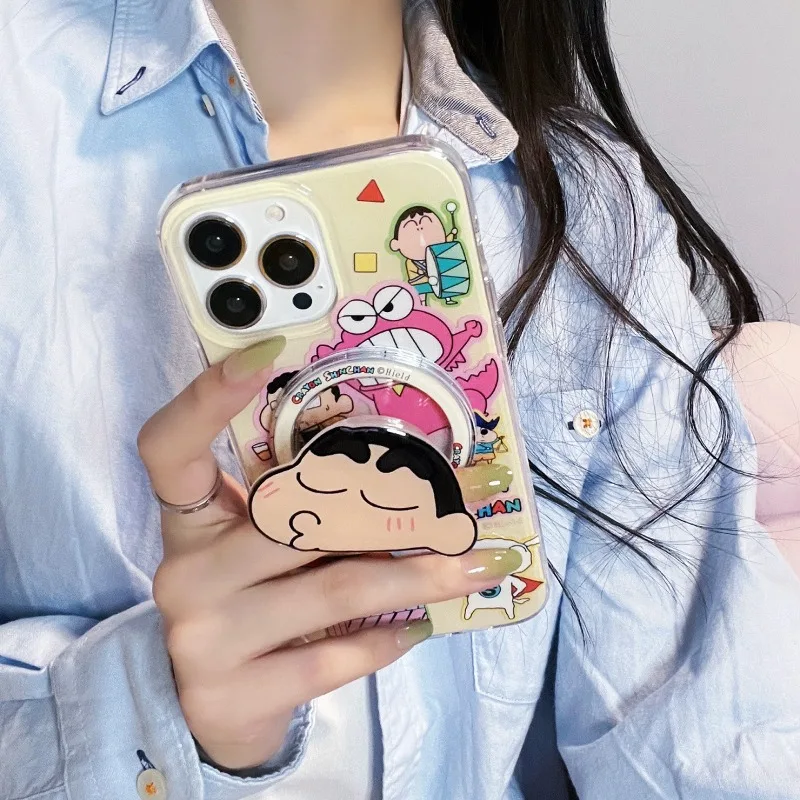 Bandai Crayon Shin-chan Cartoon Double Layer Magnetic Airbag Holder for IPhone13/14/15/pro/Promax/plus Phone Case Gift for Girls