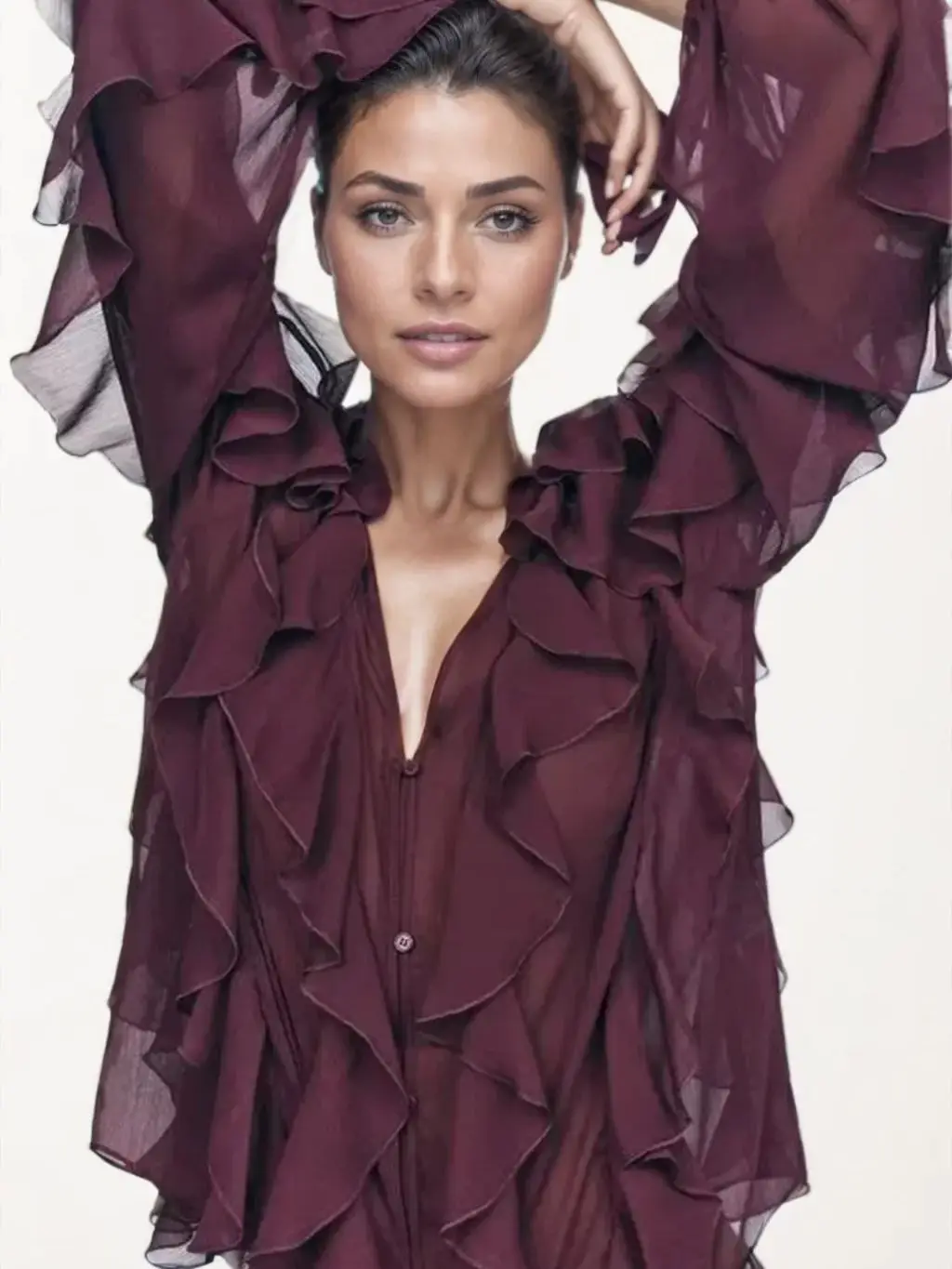 

Лето 2026, женские элегантные свободные шифоновые многослойные рубашки винно-красного цвета, офисные женские винтажные полупрозрачные многоуровневые блузки с v-образным вырезом и оборками