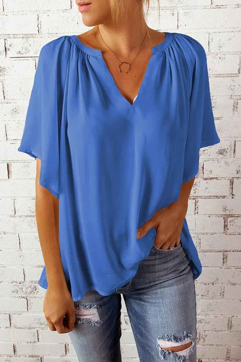 Women New Summer Tees Dressy Blouses V Neck Short Sleeve Tunic Tops Casual Tops Colour T Shirts Loose Beach Mom Elegant