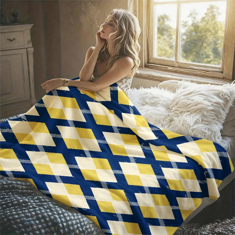 Blue Yellow Argyle Plaid Ultra-Soft Fluffy Flannel Blanket Super Cozy Lightweight Bed Blanket for Halloween Sofa Bed Christmas